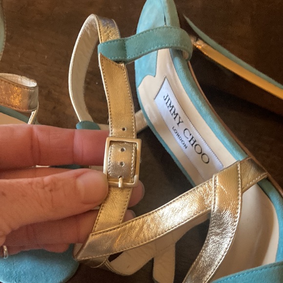 Jimmy Choo. 4” Teal-Gold. Metallic. Adjustable strap. Comfortable. Size 37 - Picture 7 of 10